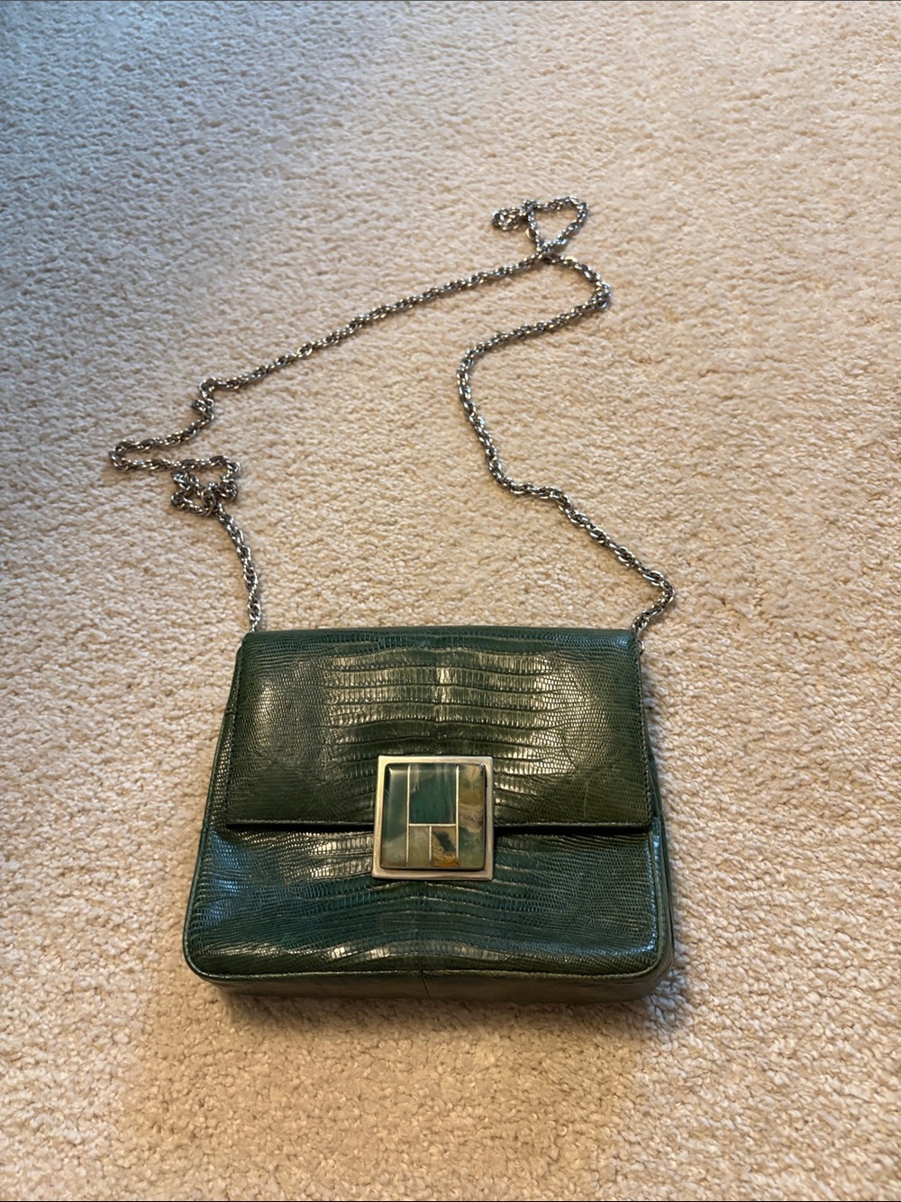 Green Lizard-Texture Crossbody Bag with Silver Chain